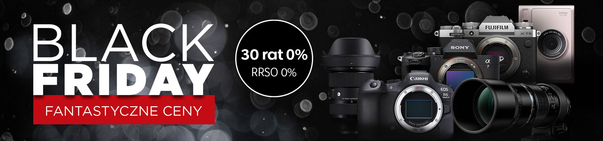 Banner promocyjny Fotojoker.pl na czarnym tle z napisem „BLACK FRIDAY Fantastyczne ceny” oraz logotypami marek fotograficznych i widoczną lustrzanką Canon EOS R6 Mark II.